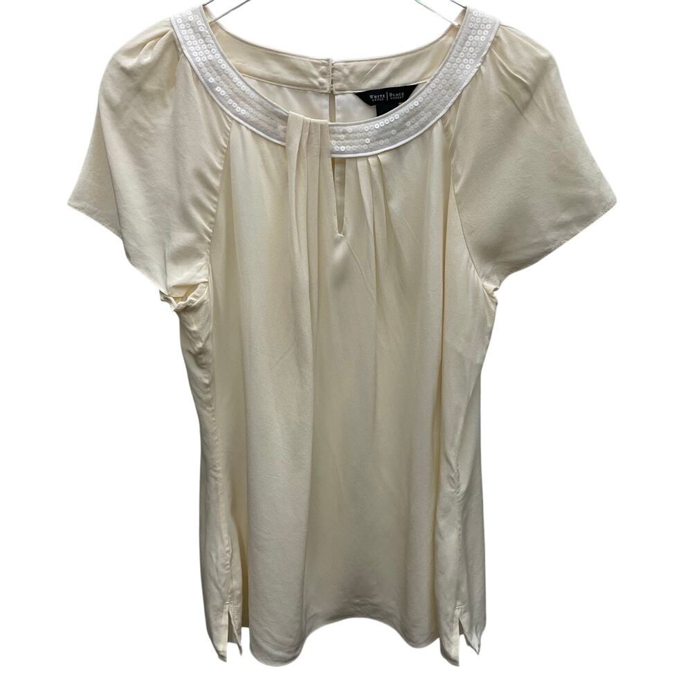 White House Black Market Cream Color Silk Blouse Sequin Neckline Size Large